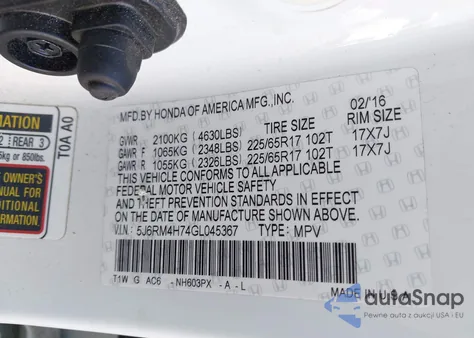 2016 Honda Cr-V Ex-L из США, поврежденный, VIN 5J6RM4H74GL045367